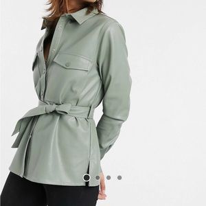 Vegan Leather Shirt with belt in Sage green